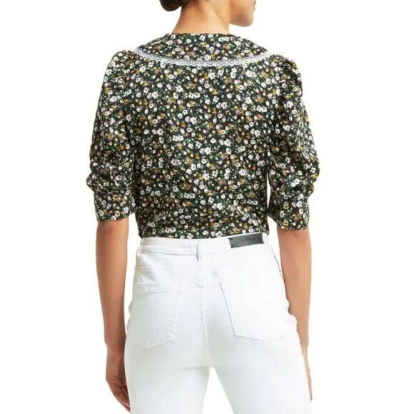 Halston Floral Lace Trim Peter Pan Collar Blouse | Floating Ditsy Black | Small - Picture 3 of 9